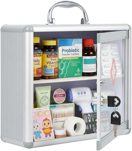 Garvee Small Lockable Medicine Cabinet with Handle,Protable First Aid Cabinet Wall Mount with Sticker for Bathroom,11.42"×4.33"×9.84",Sliver