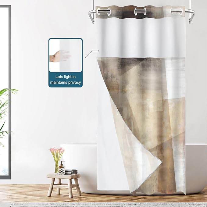 Shrahala Brown Abstract Art No Hooks Shower Curtain with Snap in Liner Set, Beige Painting Bathroom Décor Polyester Fiber Waterproof for Stall Bathtubs 35.5 X 74 in
