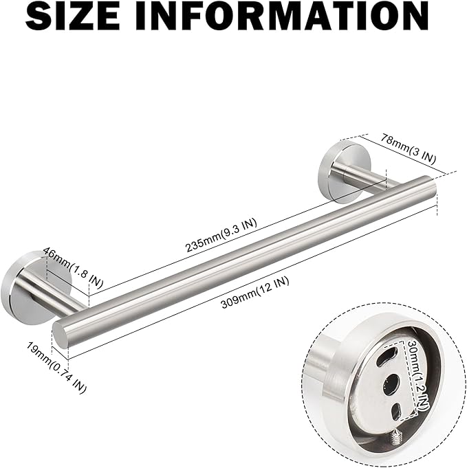 Livabber Bath Towel Bar, 304 Stainless Steel Towel Rack, Heavy Duty Towel Holder Wall Mounted for Bathroom/Kitchen, Usable Hanging Length-9.3 Inch, Total Length-12 Inch (Brushed Nickel)