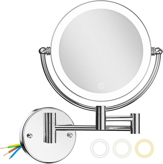 Hardwired Wall Mounted Makeup Mirror Magnifying, Double Sided 1/10X Magnifying Vanity Mirror with Lights 3 Color & Adjustable Brightness, 360 Swing Arm Shaving Mirror for Bathroom