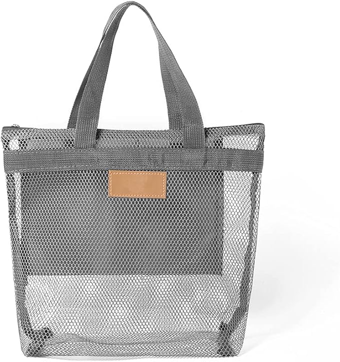 Mesh Shower Caddy, Quick Dry Portable Tote with Zipper and Inner Pocket, Beach Bag, Lightweight Bath Organizer for College Dorm, Swimming, Gym, Beach, Travel (Gray)