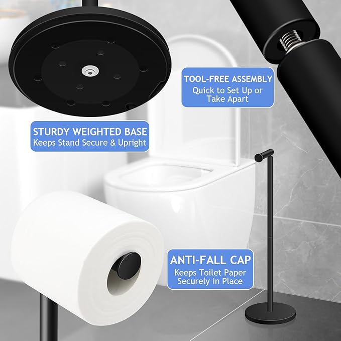 TACGEA Toilet Paper Holder Stand, Bathroom Toilet Paper Roll Holder Stainless Steel Free Standing, Storage for 4 Rolls of Paper, Matte Black