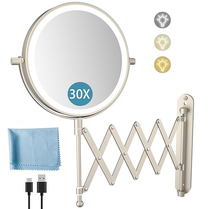 5000mAh Rechargeable Wall Mounted Makeup Mirror - 8 Inch Double Sided 1X/30X Magnifying Mirror with 3 Color Lights Dimmable Touch Screen, 360°Swivel 19.6 Inch Extendable Accordion Bathroom Mirror