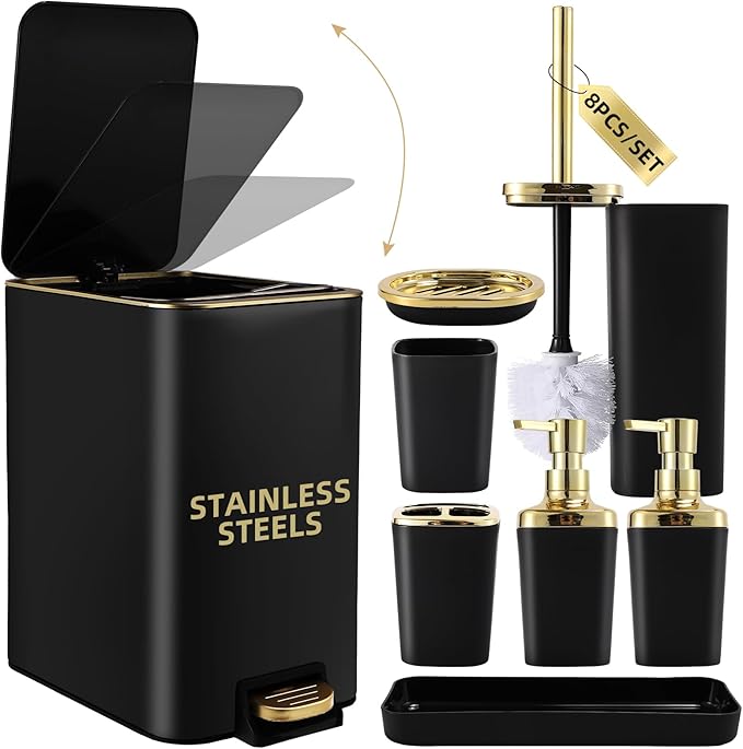 XLHOMO Black Bathroom Accessories 8 Piece Black and Gold Bathroom Set, Bathroom Accessories with Stainless Steel Bathroom Trash Can,Toilet Brush,Toothbrush Set,Soap Dispenser