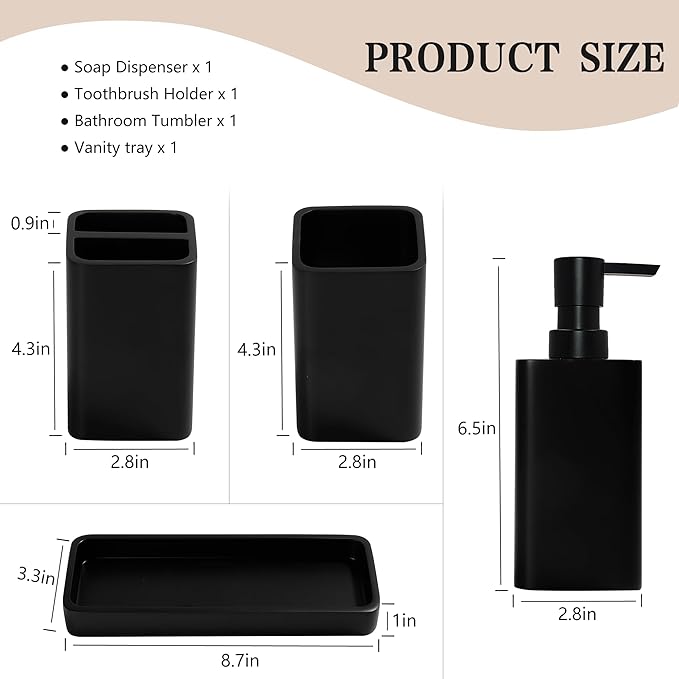 YMXYJM Bathroom Accessories Set, 4 Pcs Bathroom Accessory Set, Soap Dispenser, Toothbrush Holder, Qtip Holder Set, Bathroom Sets Complete, Bathroom Sink Set for Modern Home,Matte Black