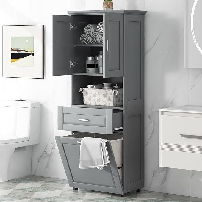 Virubi Tall Laundry Cabinet with Tilt Out Laundry Hamper and Drawer, Modern Wood Bathroom Storage Cabinet with Doors and Adjustable Shelves, Freestanding, Grey