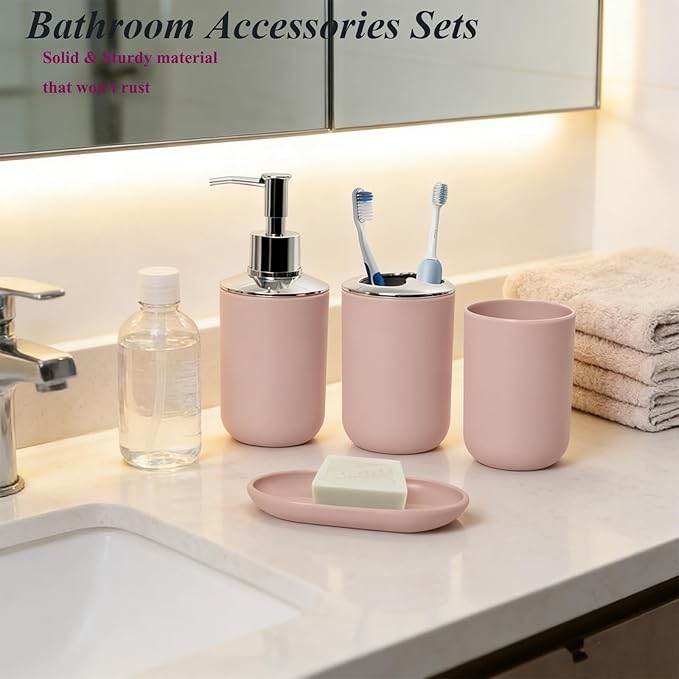 Matte Pink Bathroom Accessories Set, 4 Piece Plastic Bathroom Toothbrush Holder Set, Include Soap Dispenser, Toothbrush Holder, Rinse Cup, Soap Dish, Boho Pink Bathroom Decor for Home, Bathroom Set