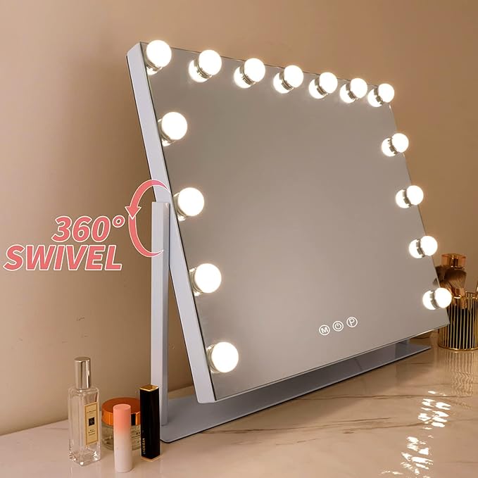 FENCHILIN Vanity Mirror with Lights, White Hollywood Lighted Makeup Mirror with 15 Dimmable LED Bulbs Rotation for Dressing Room & Bedroom, Living Room