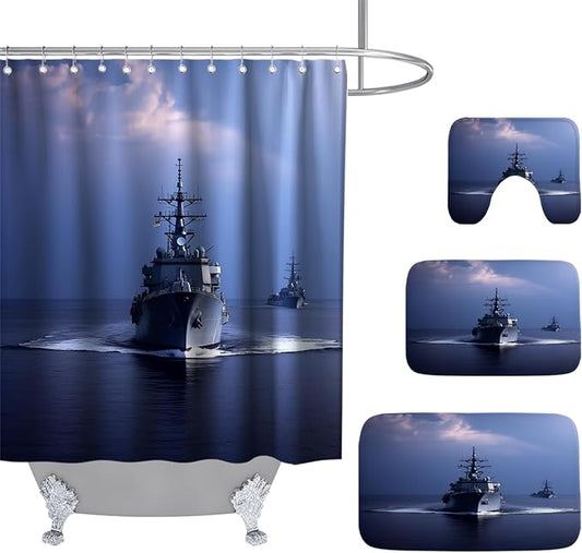 Cool Modern Boys Aircraft Carrier Bathroom Sets with Military Nautical Shower Curtain and 20 x 31 Rugs Bathroom Accessories Sets Decor with Bath Rug, Bath Mat, U-Shaped Contour and Hooks 72 x 72 Inch