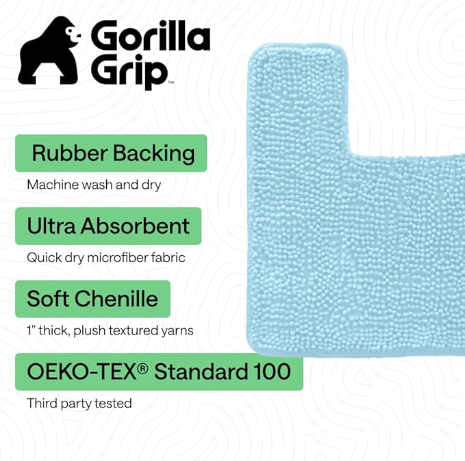 GORILLA GRIP Plush Absorbent Shaggy Chenille Bath Rug Mat for Square Toilet Base with Rubber Backing, Machine Washable Rugs, Soft Microfiber Contour Mats for Toilets, Bathroom Decor, Sky