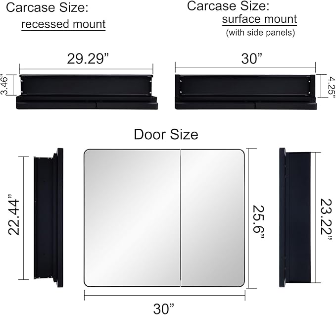 IDYLLOR Black Bathroom Mirror Medicine Cabinet with Round Corner Framed Door 30 x 25.6 inch, Recessed or Surface Mount, with Adjustable Glass Shelves