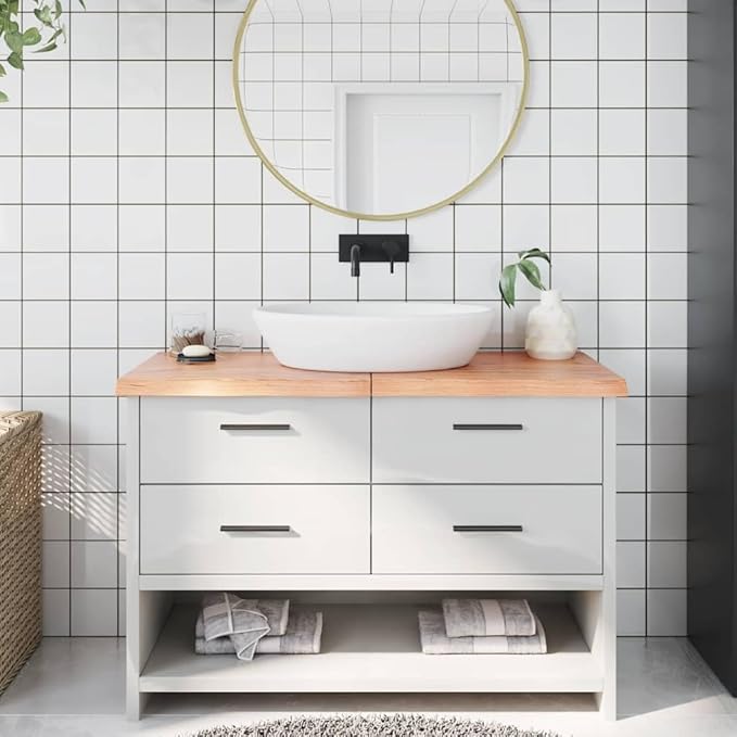 Light Brown Solid Oak Wood Bathroom Vanity Top 47.2"x23.6"x(0.8"-1.6") with Varnished Surface and Live Edge Handmade for Shelf or Desk
