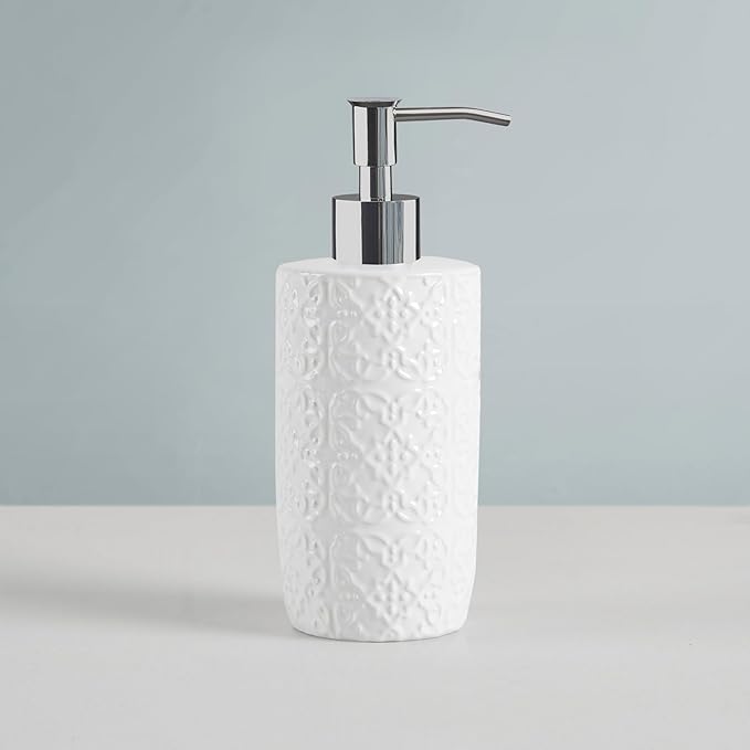 Martha Stewart Ceramic Bathroom Accessories Set, Vanity Decor Storage Organizer, Embossed Damask Medallion, Lotion/Soap Dispenser, Toothbrush Holder, Tumbler, Trinket Dish, Assorted Sizes White