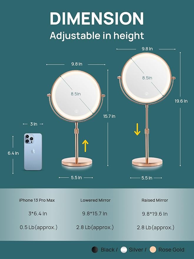 OMIRO 8.5 Inches Lighted Makeup Mirror with 3X/10X Magnifications, Double Sided Swivel Vanity Mirror with Height-Adjustable Stand (Rose Gold)