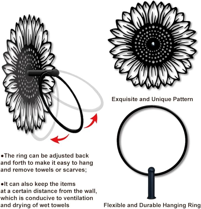 MAYJOYDIY Sunflower Metal Towel Ring Flower Plant Towel Holder Sunflower Bath Towel Ring for Wall Black Art Towel Rack Wall Mounted for Bathroom Kitchen Towel Hanger Home Decors Gift