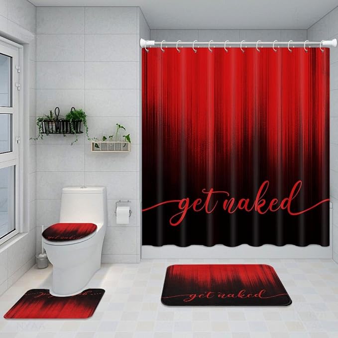 ArtSocket 4PC Red Black Ombre Get Naked Modern Simple Shower Curtain Sets Bathroom Decor with Rugs, Non-Slip Rug,Toilet Lid Cover, Bath Mat and 12 Hooks 72x72 inches