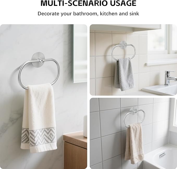 Adhesive Towel Holder Brushed Nickel Hand Towel Holder for Bathroom Wall Stainless Steel Towel Ring for Bathroom Decor and Accessories No Drilling, 2 Packs