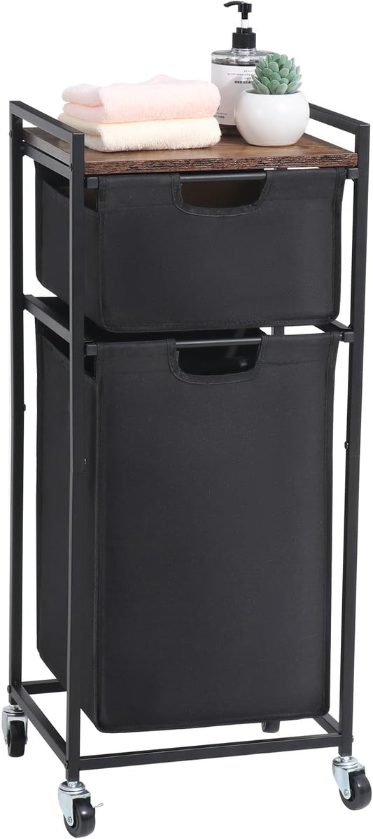 LUCKUP Laundry Hamper with Shelf, Laundry Sorter 2 Section with Removable Bags, Laundry Basket Cart with Table Wheels Laundry Room Storage and Organization, Dirty Clothes Hamper for Small Space