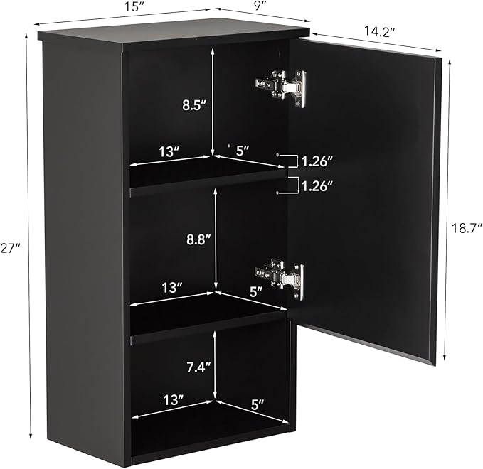 VANIRROR Bathroom Wall Cabinet with Single Door, Soft-Close Hinges, 15x27 inch Wooden Medicine Cabinet for Small Kitchen, Laundry, Entryway, Durable MDF Construction