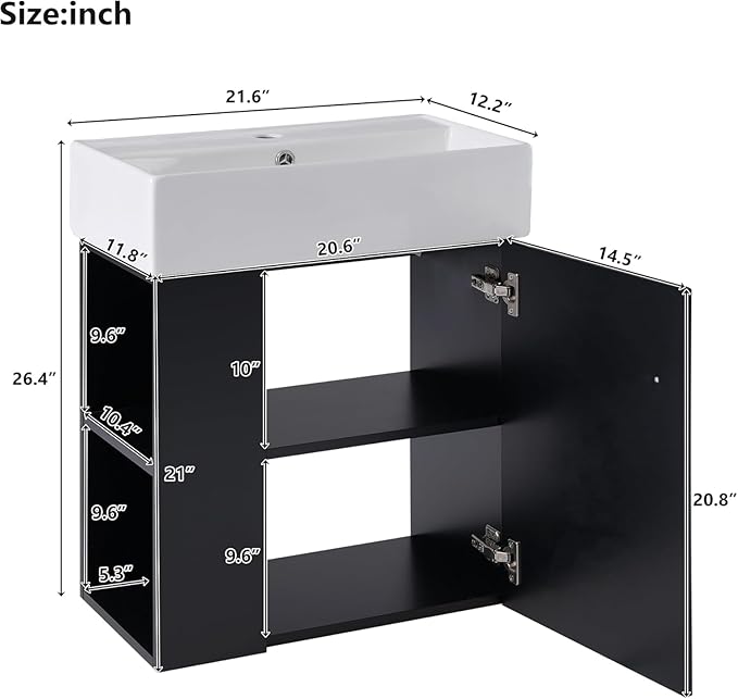 Virubi 21.6 in Floating Bathroom Vanity with Sink,Soft Closing Doors,Solid Wood Frame & MDF Modern Single Small Black Bathroom Vanity Cabinet with Open Shelf,Wall Mounted