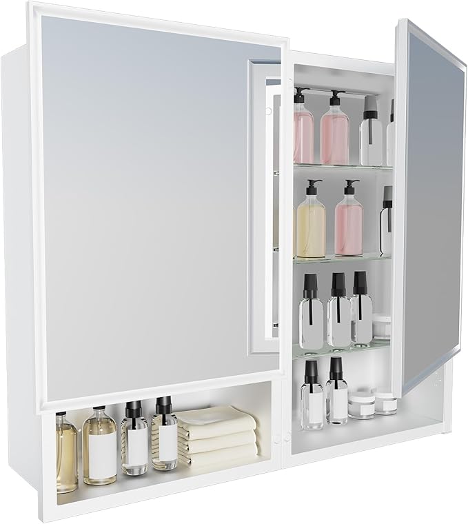 32 x 26 Inches Bathroom Medicine Cabinet with Mirror, Double Door Wall Mounted Mirror Cabinet, Surface or Recessed Mount White Bathroom Storage Cabinet