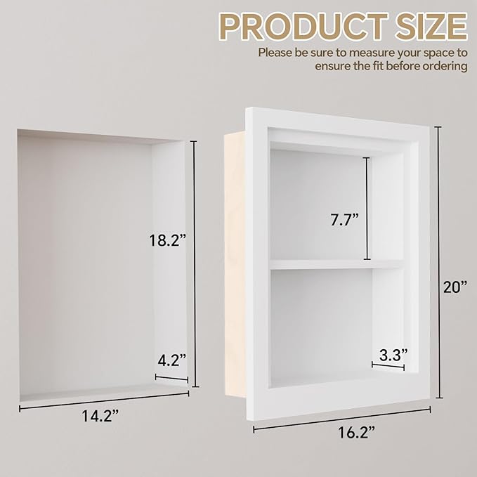 Solid Wood 14 X 18 Recessed Medicine Cabinet,2-Tier, Medicine Cabinet Organizer,Wall Niche, Bathroom Wall Cabinet, recessed bathroom Cabinet,Recessed Wall Cabinet, Bathroom Cabinet With Storage, White