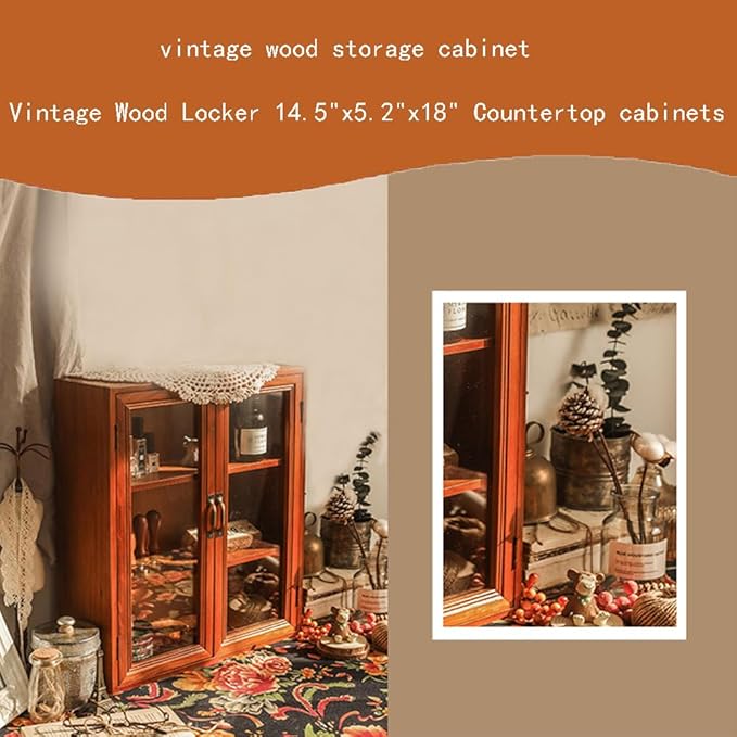 Vintage Countertop Cabinet14.5"x5.2"x18"Medicine Cabinet,Display Case with Organic Glass Door,Kitchen Cabinets with Drawers,Spice Cabinet,Apothecary Cabinet,Organization and Storage (Brown)