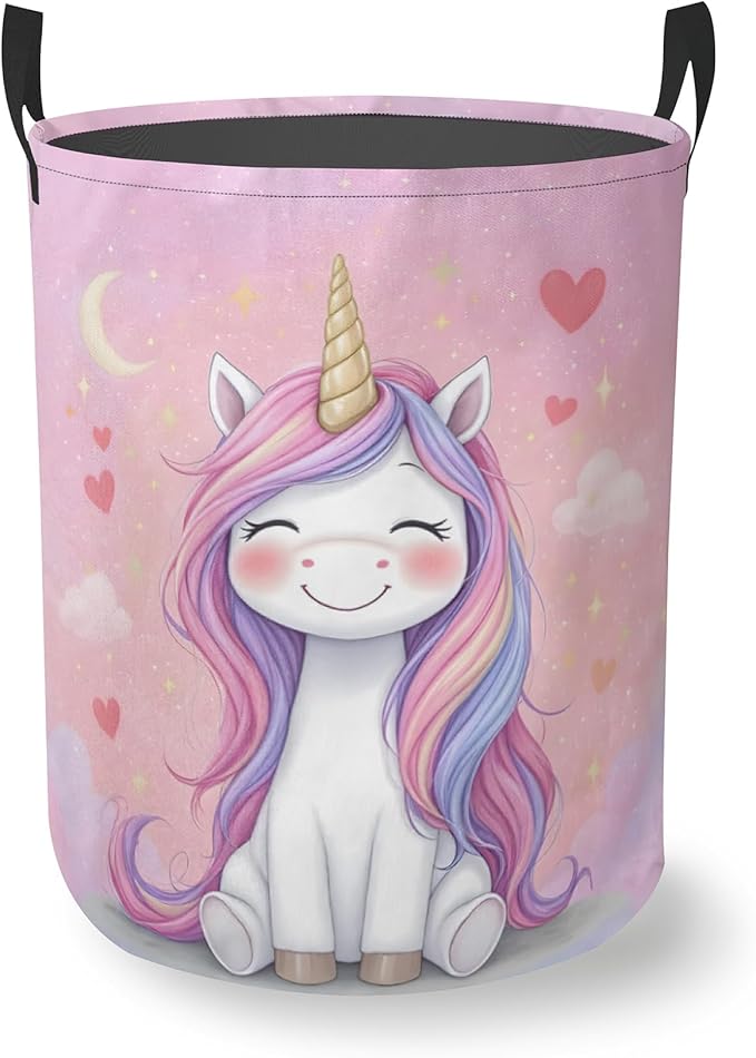 Pink Unicorn Laundry Basket With Handles Tote Bag Oxford Cloth Funny Laundry Hamper Clothes Storage Bucket Toy Organizer 16" X 20.8"For Bathroom/Laundry/Bedroom