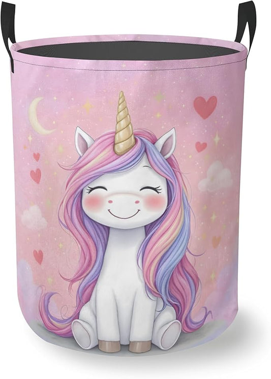 Pink Unicorn Laundry Basket With Handles Tote Bag Oxford Cloth Funny Laundry Hamper Clothes Storage Bucket Toy Organizer 16" X 20.8"For Bathroom/Laundry/Bedroom