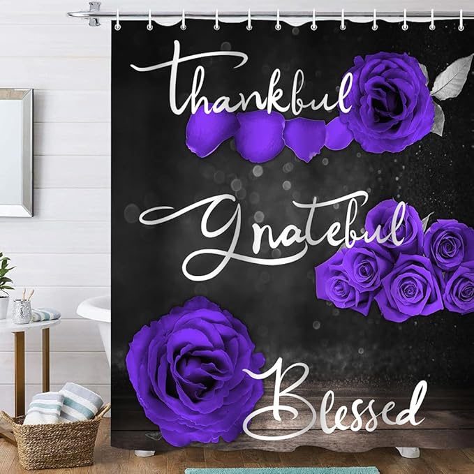 Onalasyc 4Pcs Purple Rose Shower Curtain Set with Rugs Waterproof Bathroom Sets with Shower Curtain and Rugs Romantic Rose Floral, Thankful Grateful Blessed Bathroom Curtains Shower Set,with 12 Hooks