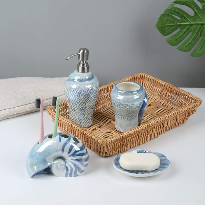 Ocean Conch Sea Shell Ceramic Bathroom Accessories Set of 4,1 Gargle Cups 1 Toothbrush Holders 1 Soap Dishes 1 Soap Dispenser (Blue)