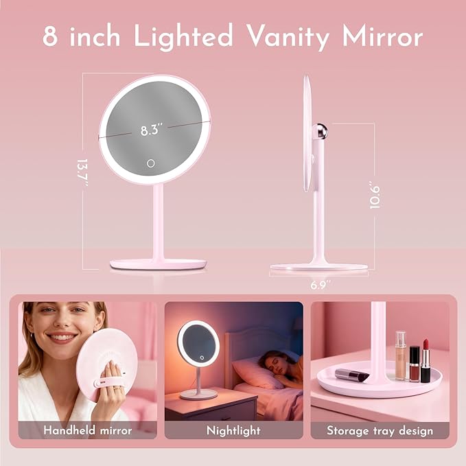 Makeup Mirror with Lights, 4-in-1 Rechargeable Magnetic 360° Rotation Pink Vanity Mirror, 3 Colors & Brightness Adjustable, Detachable, Lighted Makeup Mirror for Desk, Travel
