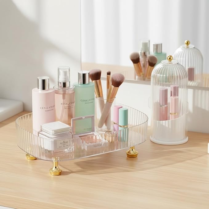 Makeup Organizer 2-Pack, Clear Makeup Brush Holder with Lid + Rotating Tray, Countertop Use, Cosmetic Storage, Make Up Organizers for Counter, Make Up Brush Holder Set for Bathroom Vanity & Dresser