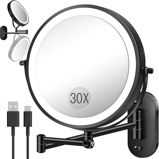 30X/1X Wall Mounted Lighted Makeup Mirror, 9'' Height Adjustable Double Sided 5000mAh Rechargeable Magnifying Bathroom Mirror with Light, 3 Color Modes Touch Dimmable Extended Arm 360 Rotation