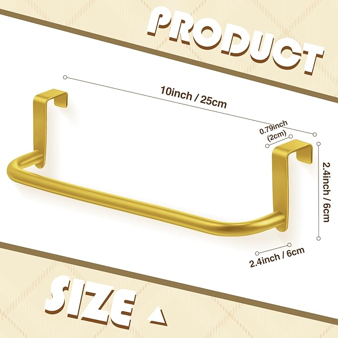 2 Pieces Metal Towel Bar Kitchen Cabinet Steel Towel Rack Bar for Hanging on Inside or Outside of Doors, Home Kitchen Bathroom(Gold)