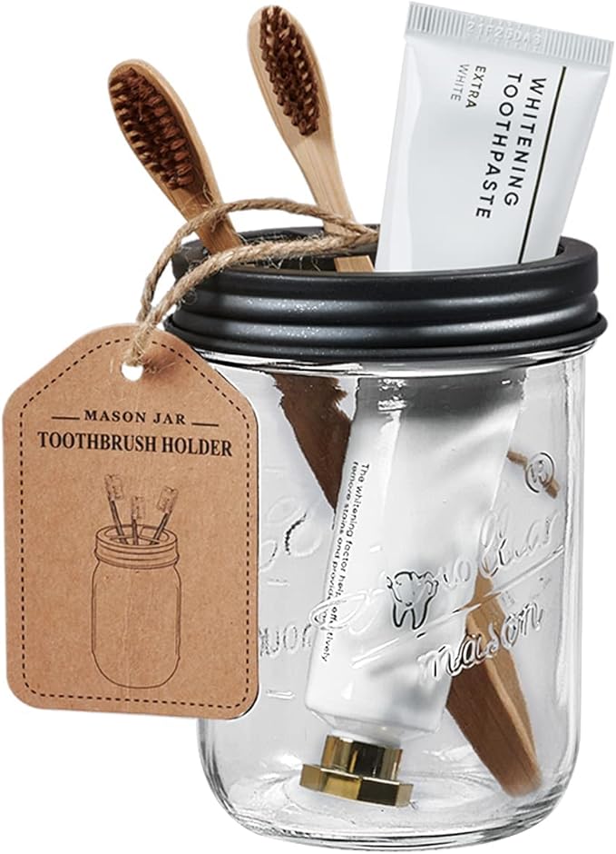 Amolliar Mason Jar Bathroom Accessories Set(4 Pack) - Foaming Soap Dispenser&Qtip Holder Set&Toothbrush Holder-Rustic Farmhouse Decor Bathroom Organizer Apothecary Jar Country Countertop (Black)