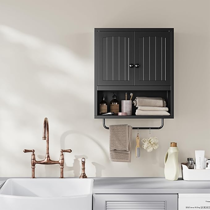 Letaya Metal Bathroom Wall Cabinet with 2 Doors,Medicine Cabinet with Towel Rack,Wall Mounted Storage Cabinet (Black)