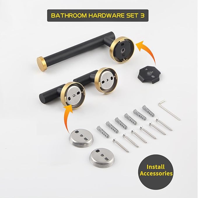 GERZWY Bathroom 3-Pieces Hardware Accessories Sets Stainless Steel - 2X Coat Hook Toilet Paper Holder (Black & Gold) AG1401B-BD