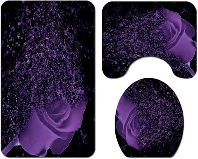 Yddsky 4 Pcs Purple Rose Shower Curtain Sets with Rugs Black Bathroom Sets with Shower Curtain and Rugs Modern Bathroom Curtains Shower Set with Toilet Lid Cover for Women Bathroom Decor Accessories
