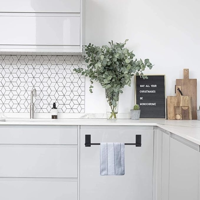 NearMoon Self Adhesive Bathroom Towel Bar- Stainless Steel Bath Wall Shelf Rack Hanging Towel Stick On Sticky Hanger Contemporary Style, NO Drilling (1 Pack, Matte Black, 9-Inch Towel Rack)