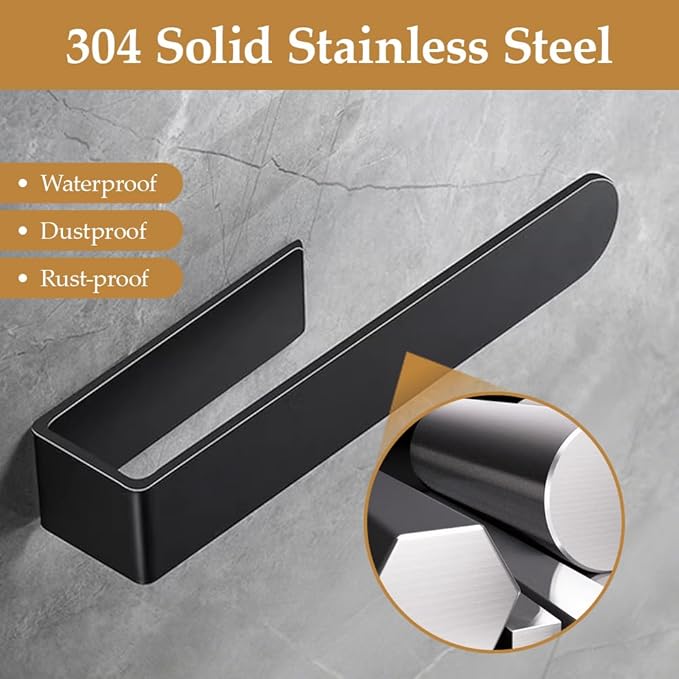 Hand Towel Holder, Self Adhesive Hand Towel Bar，Stainless Steel Bathroom Towel Racks Stick on Wall, Black