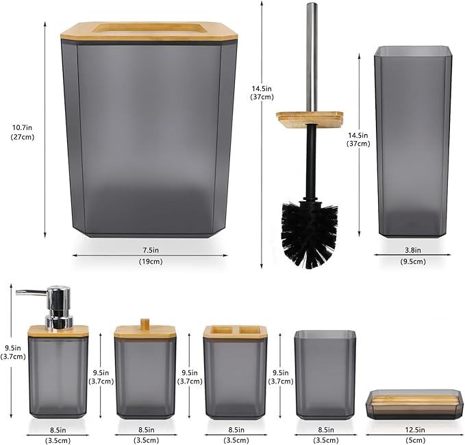 CERBIOR Bathroom Accessories Set 7 Piece Bath Ensemble Includes Soap Dispenser, Toothbrush Holder, Toothbrush Cup, Soap Dish for Decorative Countertop and Housewarming Gift (Gray)