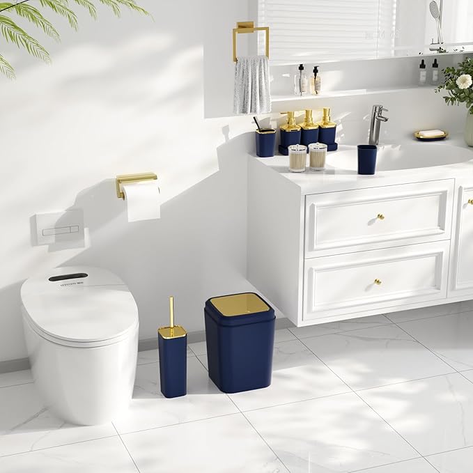 Bathroom Accessories Set - 27PC Bathroom Sets with Shower Curtain and Rugs, Blue Bathroom Set, Navy Blue Bathroom Accessory Set with Trash Can, Toilet Brush & 3 PC Soap Dispensers