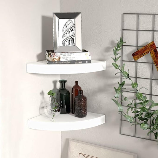 Floating Corner Shelves 9.8x9.8 Inch White Wall-Mounted Set of 2, Honeycomb MDF with Invisible Mounts for Bathroom Bedroom Living Room Storage and Decor