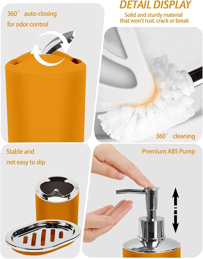 Lnond Orange Bathroom Set, 22-Piece Orange Abstract Bathroom Decor Set with with Shower Curtain and Rugs, Trash Can, Toilet Brush Holder Set & Soap Dispenser