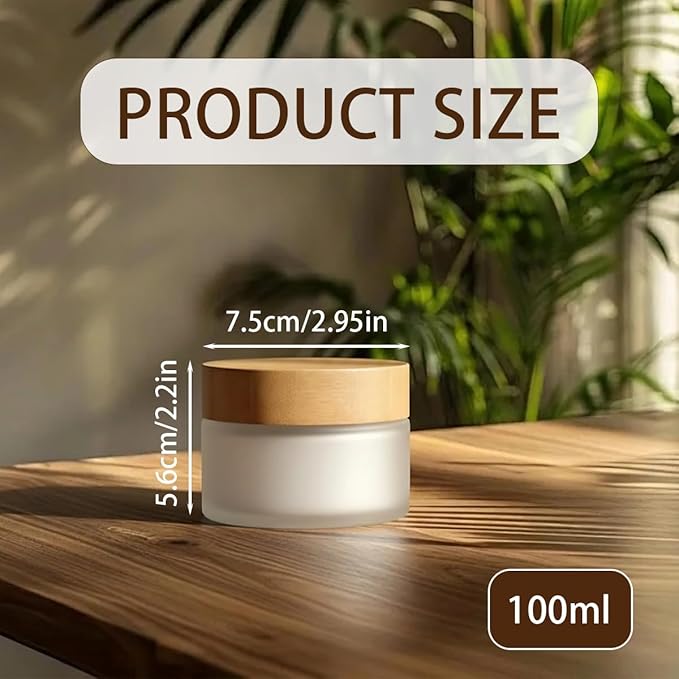 1 Pcs 100G 100ML Empty Translucent Frosted Glass Round Cream Jar Cosmetic Storage Container Toiletries Bottle with Natural Bamboo Lid Inner Liner and for Body Cream Lotion Conditioner etc
