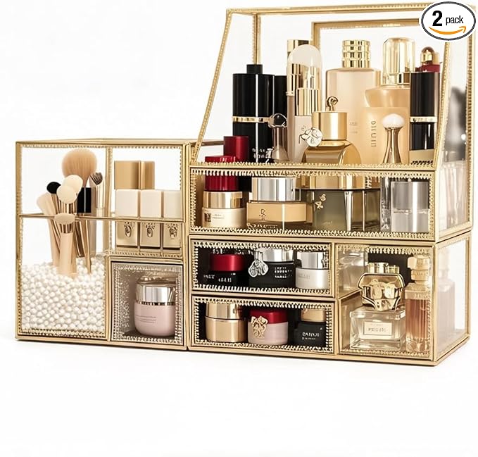 Hersoo Luxury Stackable Glass Cosmetic Organizer 3-Piece Set-Durable,Premium Shatterproof Vanity Storage,Artisan-Design for High-End Bathroom&Makeup Counter Decor(gold)