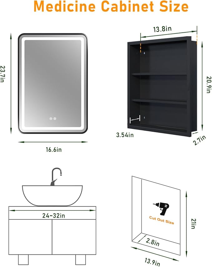 16x24 Inch LED Medicine Cabinet Mirror, Bathroom Mirror with Lights and Storage Wall Mounted & Recessed with Anti-Fog, Dimmable 3 Color Light with Memory, 2 Shelves & 1 Organizer Box, Right Hinge
