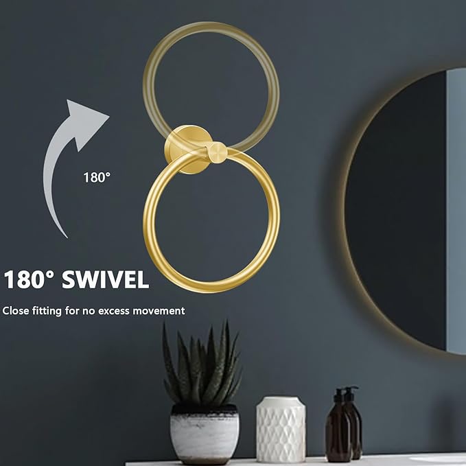 WOOPHEN Hand Towel Ring, Thicken Stainless Steel Bath Towel Holder Modern Round Towel Hanger Wall Mounted for Bathroom, Kitchen (Gold)