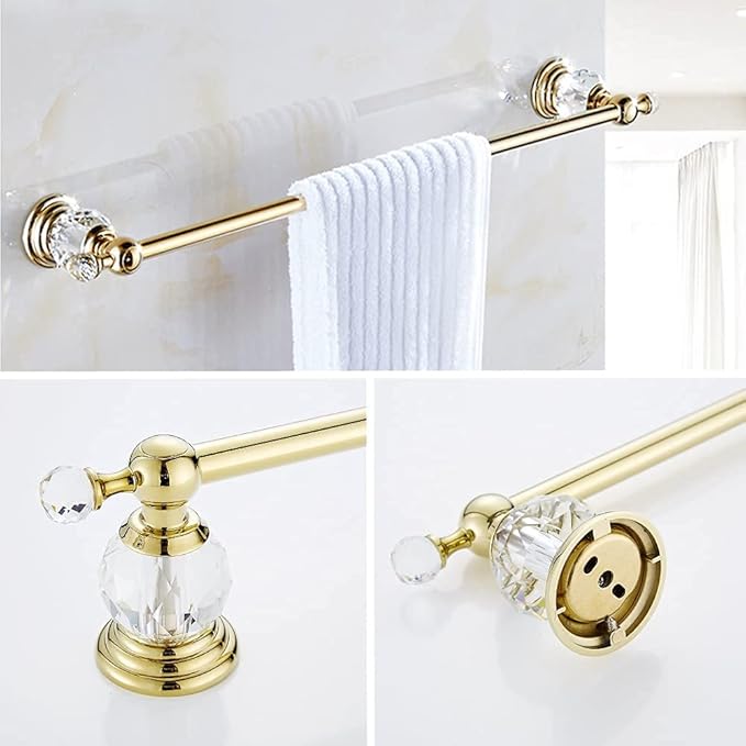 WOLIBEER Gold Bathroom Accessories, Brass Crystal Towel Bar Set Toilet Paper Holder Towel Ring Robe Hooks 4 Pieces Wall Mounted